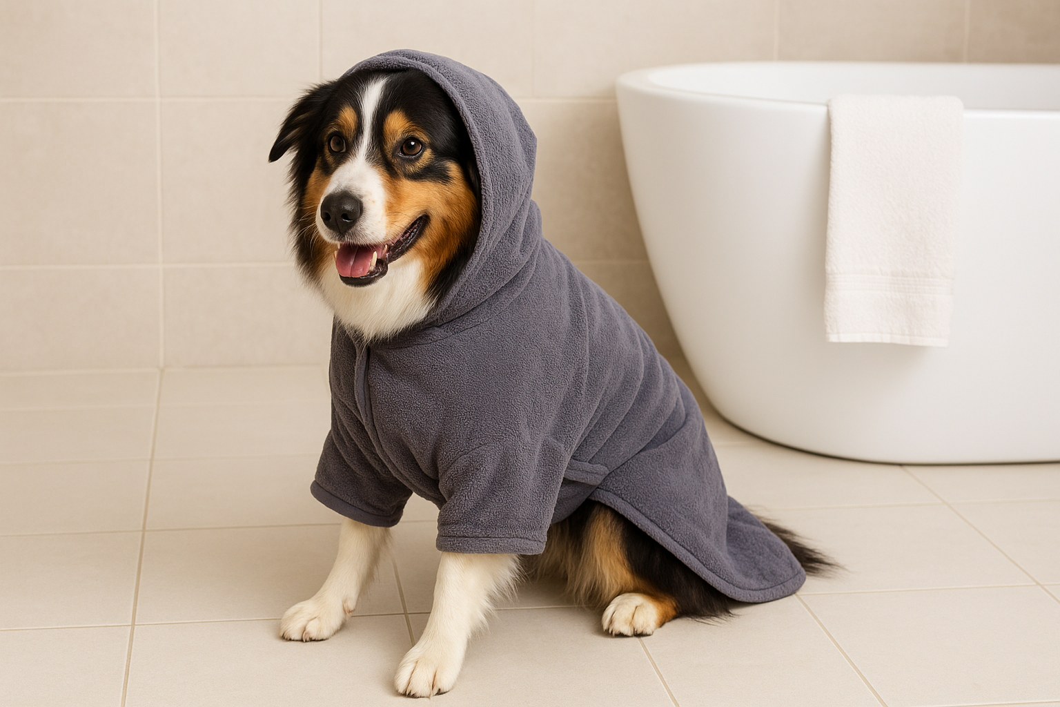 Dog wearing a dog towel robe after a bath