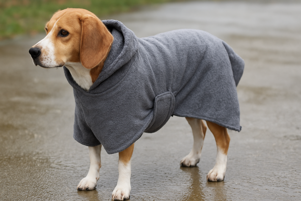A happy medium-sized dog wearing a comfortable dog dry robe after a bath, standing outdoors on a clear day