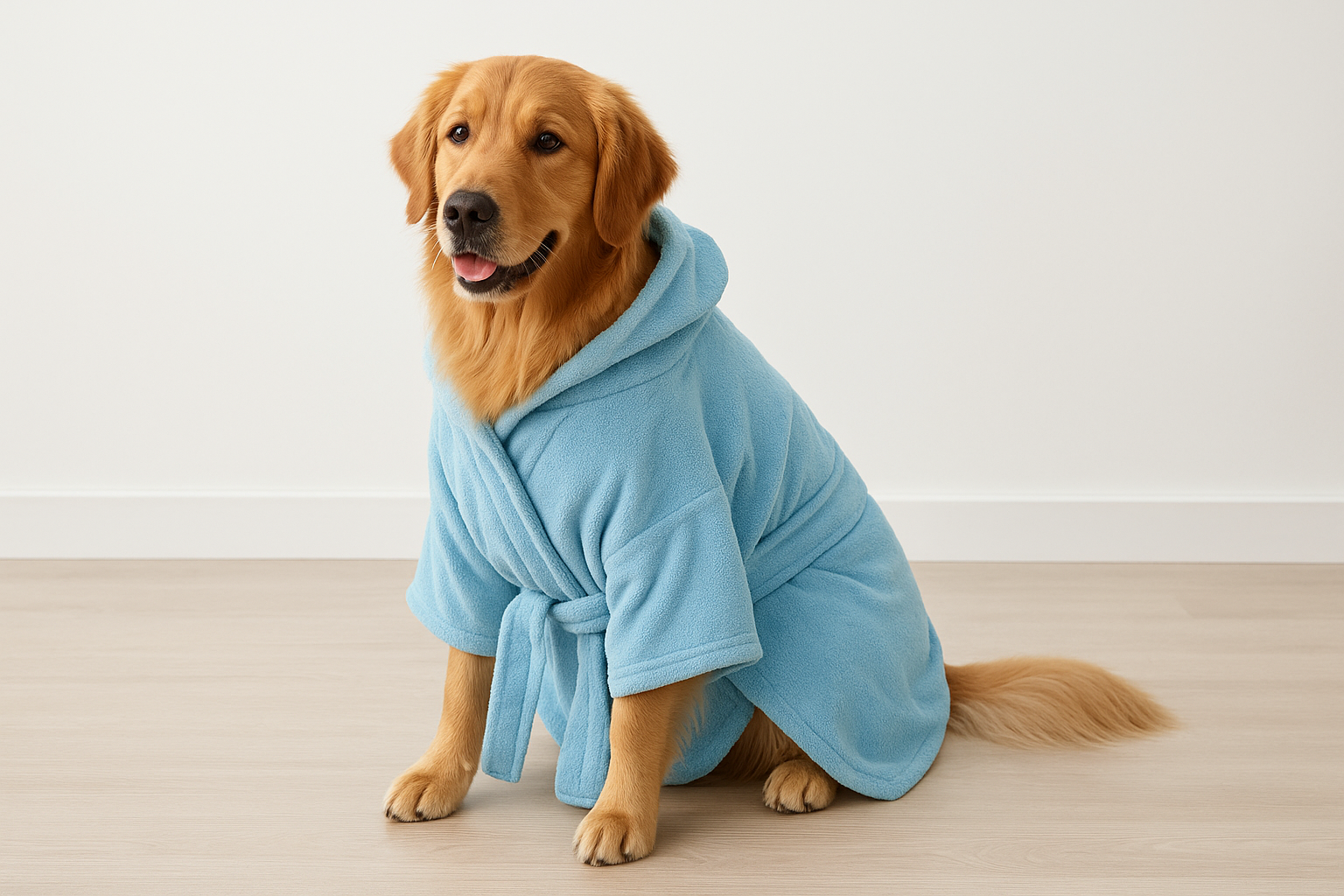 Dog robe towel on a golden retriever sitting indoors after bath, showcasing absorbent microfiber drying design.