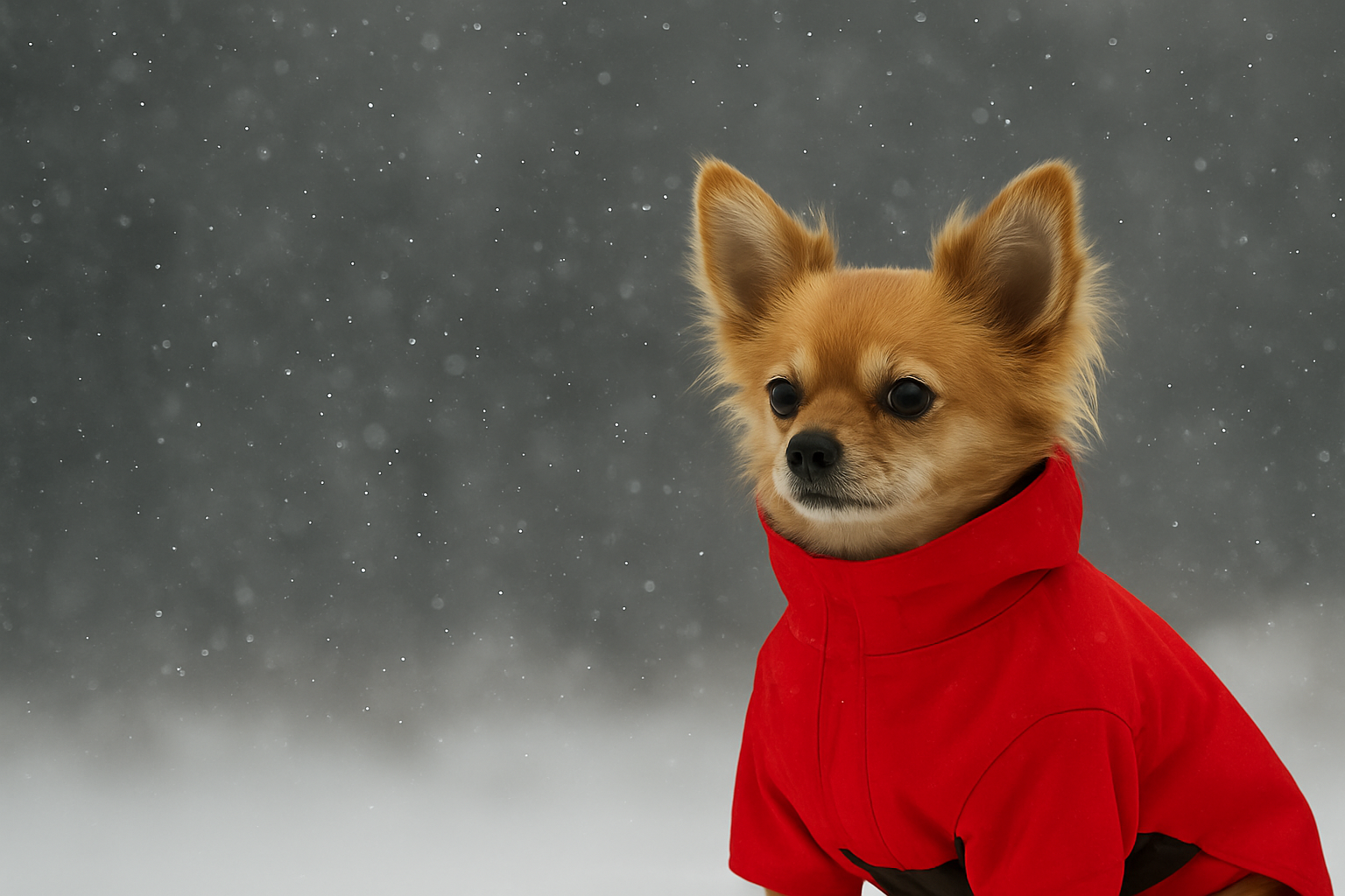 Small dog rain jacket on a small brown dog wearing a red waterproof coat in a snowy outdoor setting.