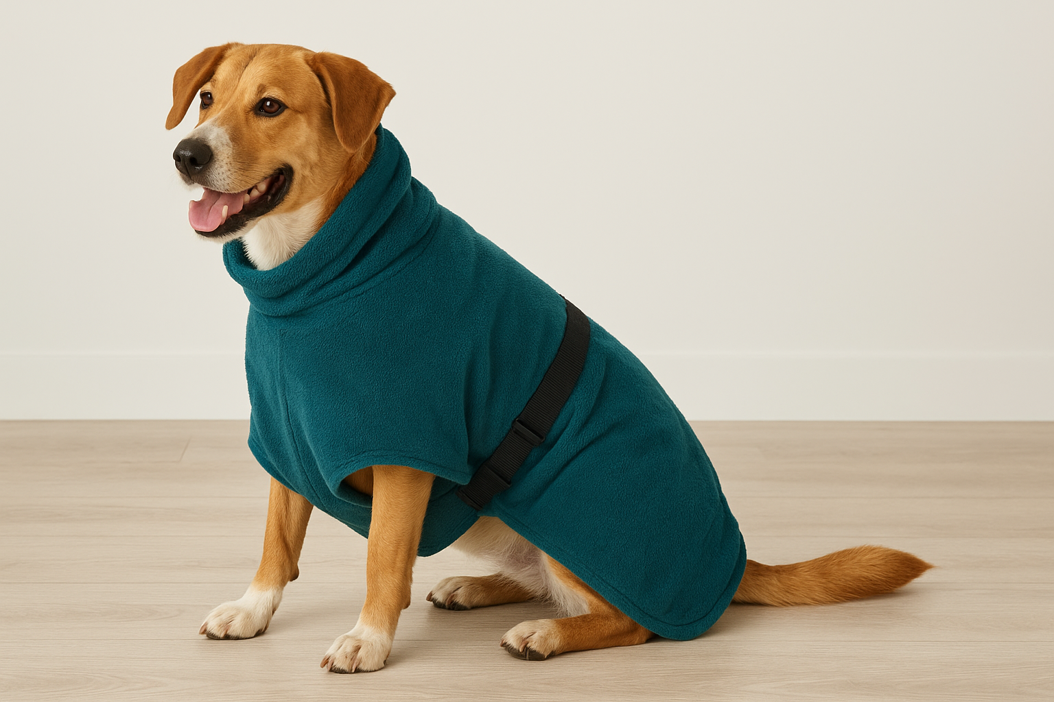 Golden Retriever wearing a dry robe dog coat in a clean studio setting