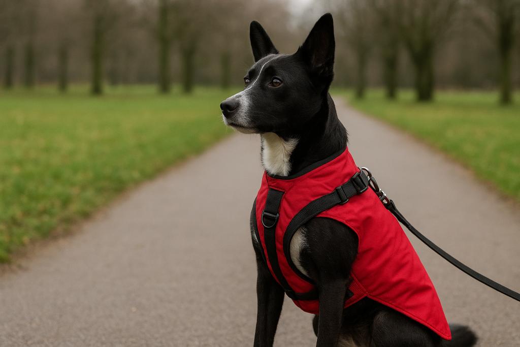 Black and white dog wearing a red dog coat with harness sitting on a park path.