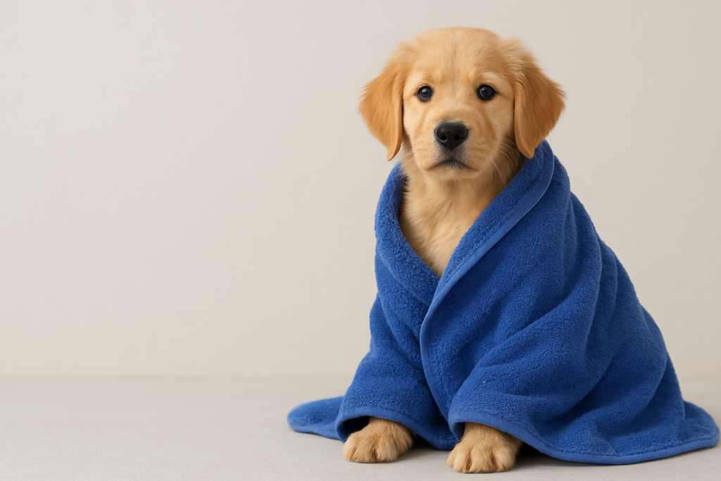 pet towel manufacturer showcasing a dog wrapped in a soft and absorbent blue pet towel