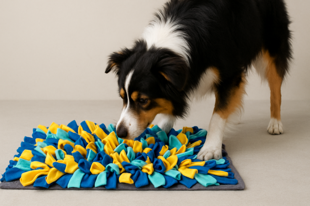 dog snuffle mat manufacturer showcasing a dog using a colorful enrichment snuffle mat