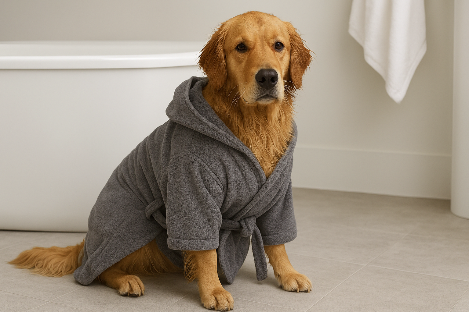 Golden-coated dog sitting indoors wearing a soft gray pet bathrobe after a bath.