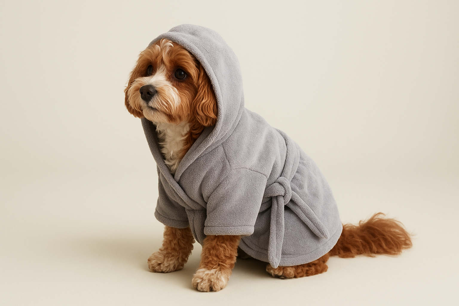 A small dog wearing a soft microfiber dog robes sitting indoors on a minimal background.