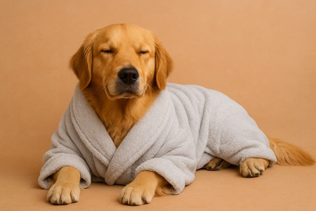dog in bathrobe lying calmly on a soft neutral background after bath