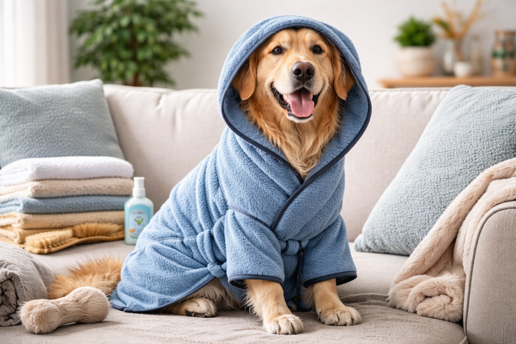 Golden retriever wearing a dog robe while relaxing after a bath