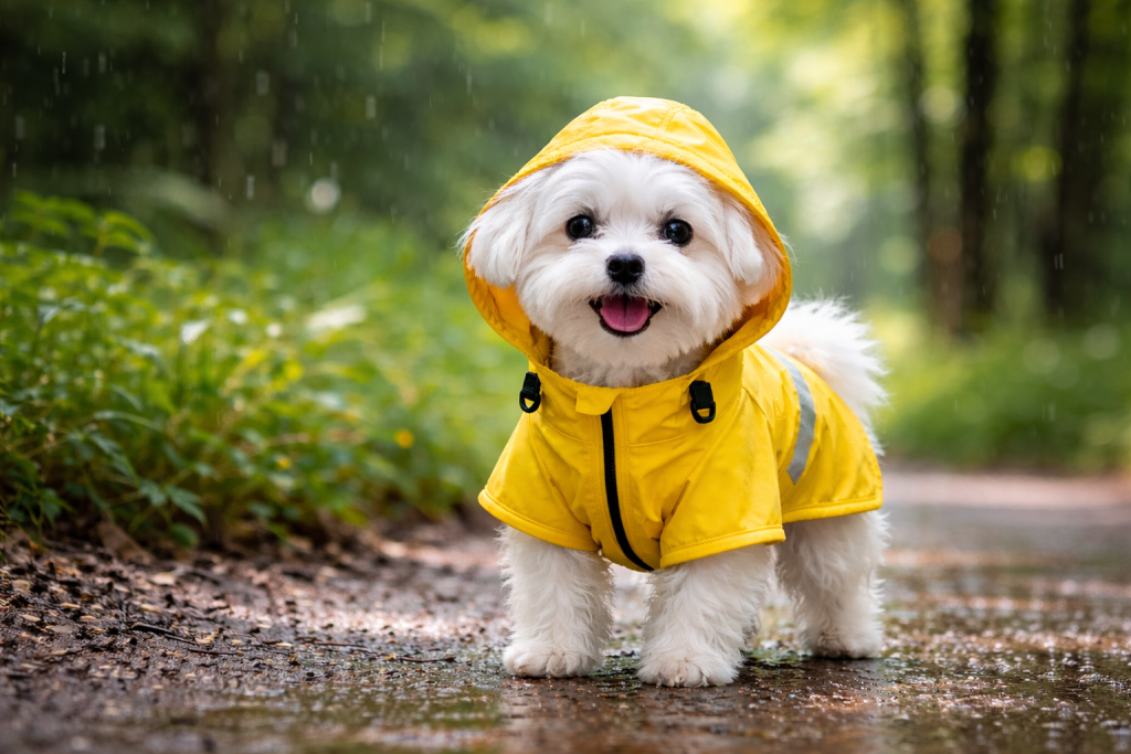 Small dog raincoat in bright yellow worn by a white Maltese standing in the rain on a forest path
