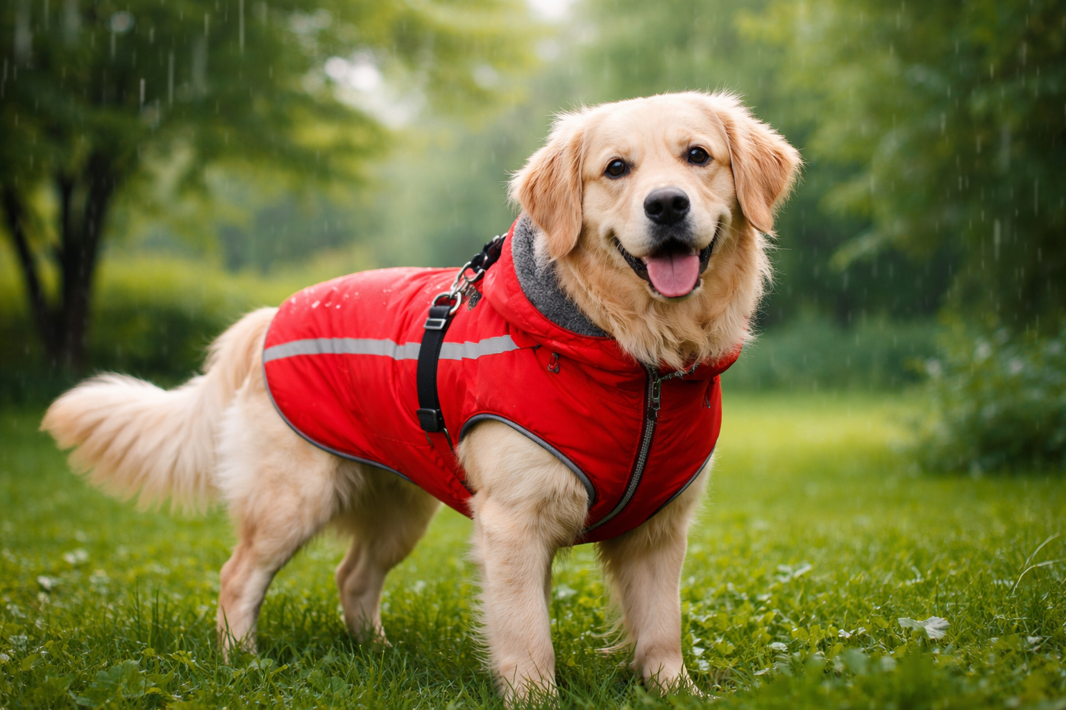 Golden retriever wearing a red waterproof dog coat standing on green grass in the rain