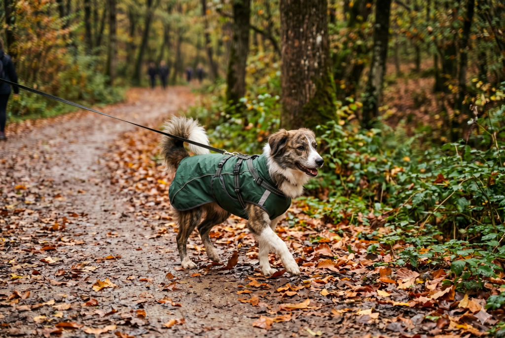 A joyful fluffy brindle dog happily walking on a muddy autumn forest trail wearing a specialized, full-coverage dark green dog raincoat that covers belly completely.